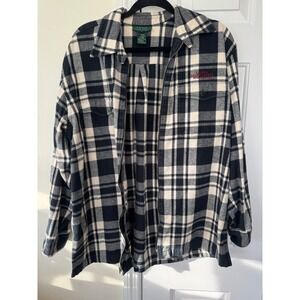 Lauren Ralph Lauren Womens Plaid Zip Up Flannel Shirt Jacket Black Cream Large